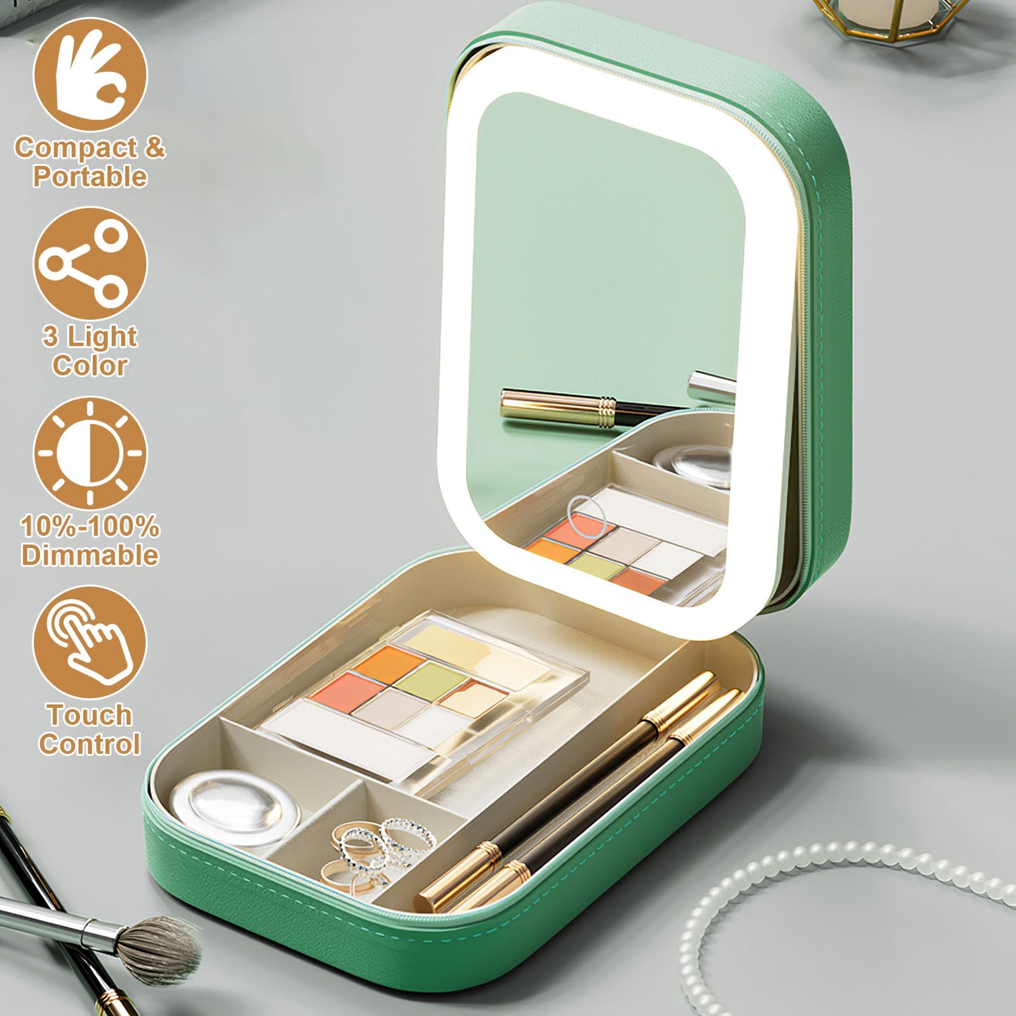 Portable Makeup Bag with LED Mirror – 3 Light Modes & 4 Compartments