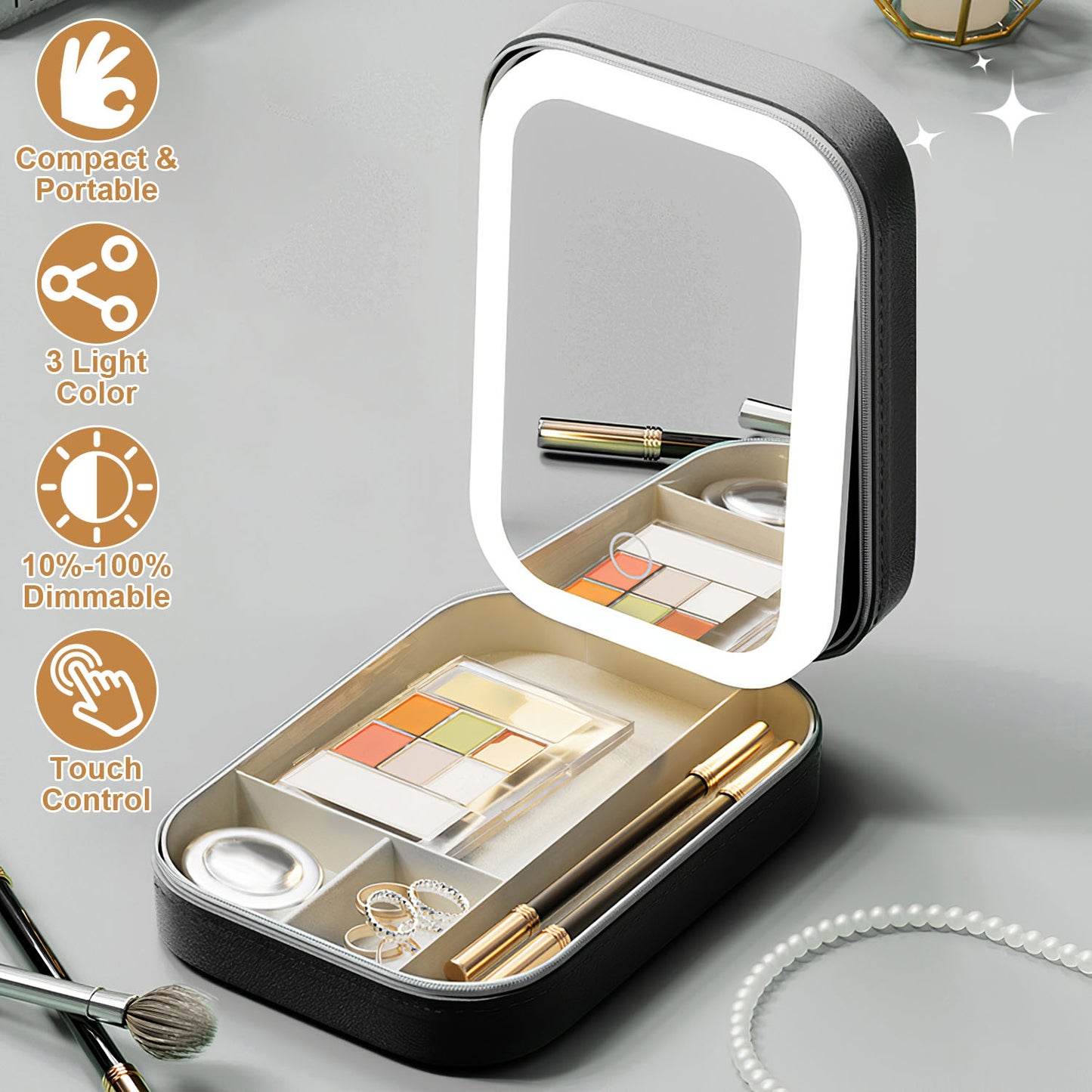 Portable Makeup Bag with LED Mirror – 3 Light Modes & 4 Compartments