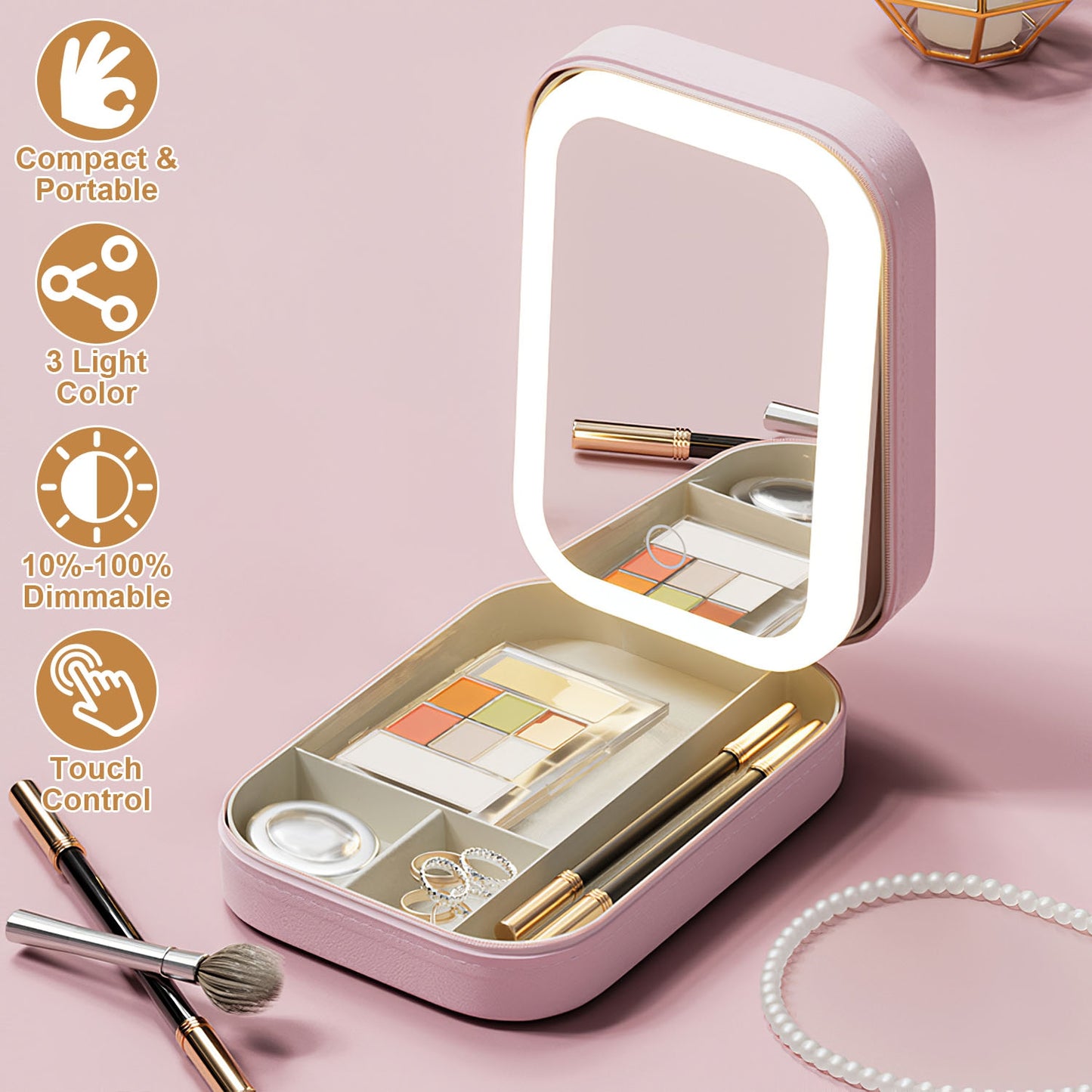Portable Makeup Bag with LED Mirror – 3 Light Modes & 4 Compartments