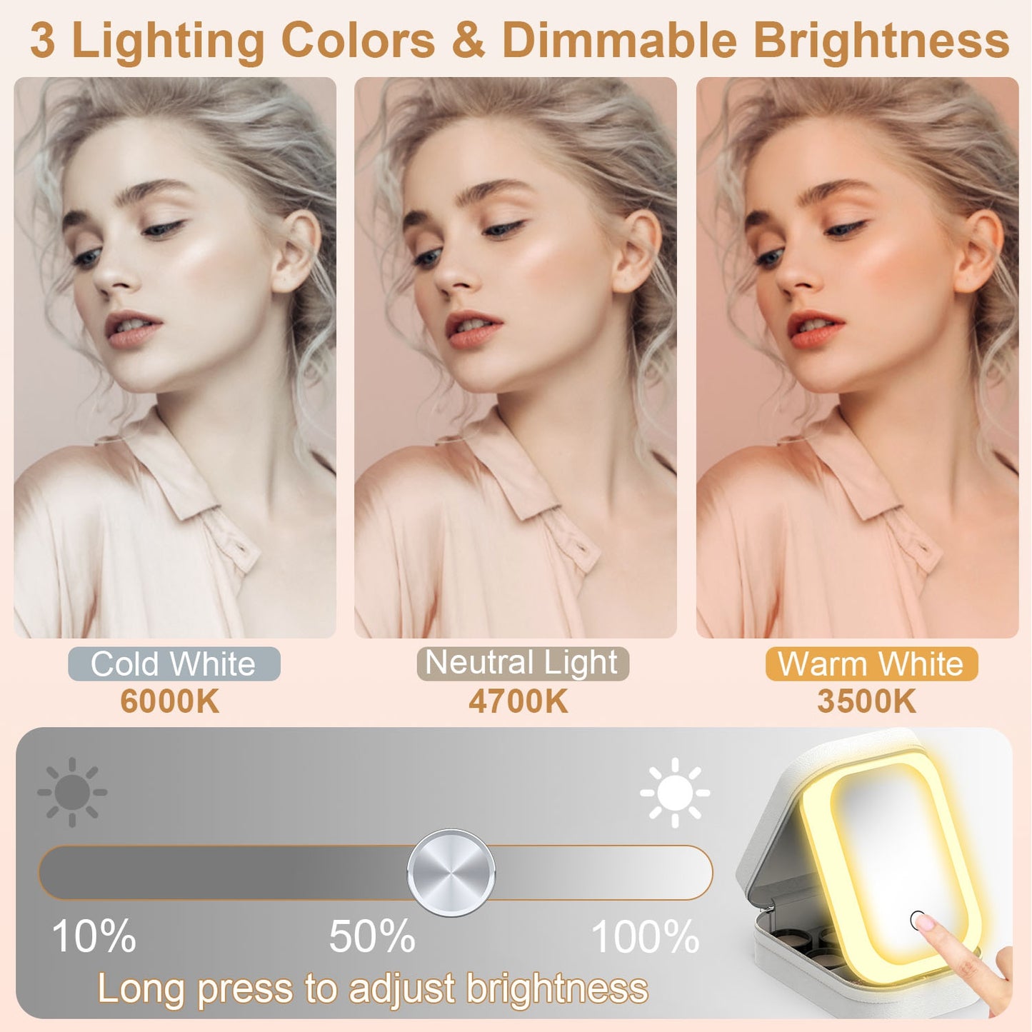 Portable Makeup Bag with LED Mirror – 3 Light Modes & 4 Compartments