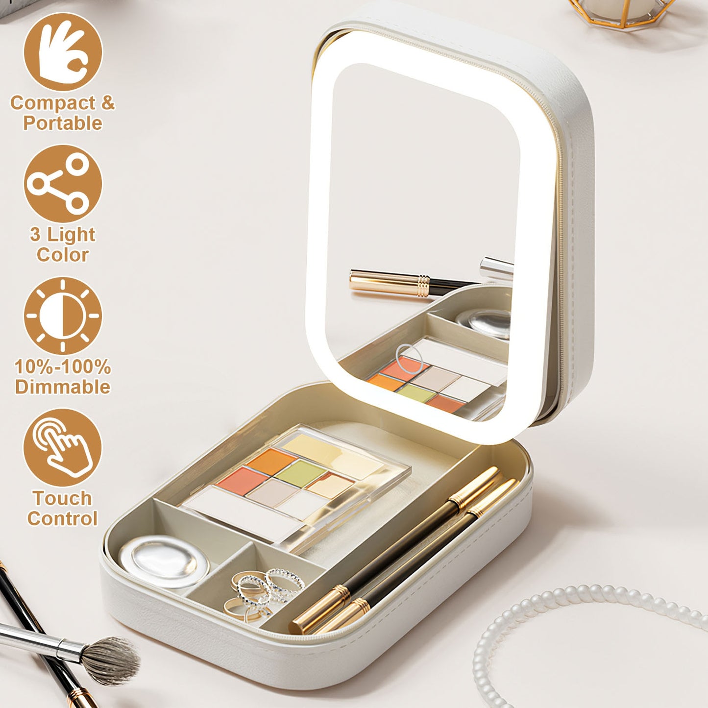 Portable Makeup Bag with LED Mirror – 3 Light Modes & 4 Compartments