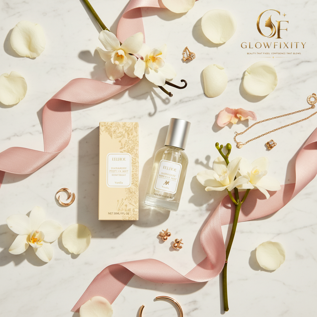 Luxury flat lay - Vanilla Perfume with flowers and gold jewelry