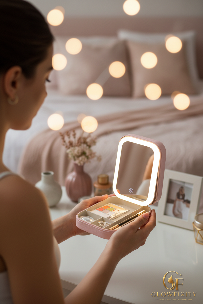 Portable Makeup Bag with LED Mirror – 3 Light Modes & 4 Compartments