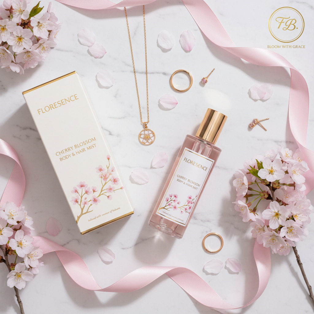 Cherry Blossom Perfume - Luxury Flat Lay with Gold Jewelry